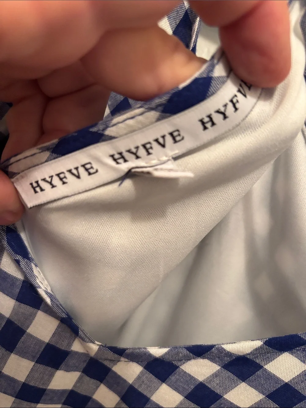 HYFVE Blue and White Checked Cold-Shoulder Tunic Style Dress
